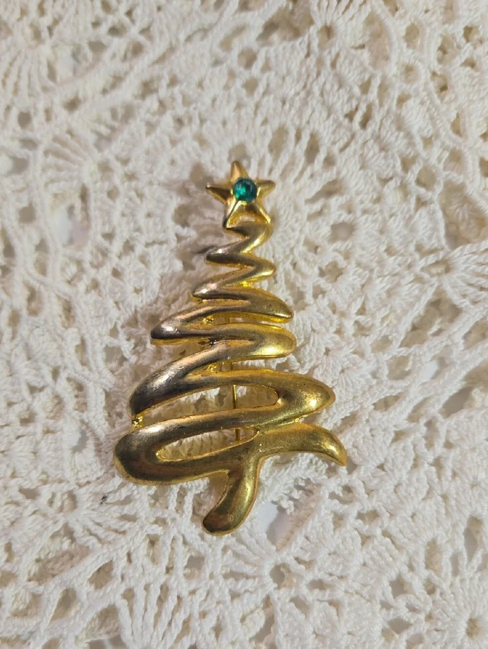 Gold-tone Christmas Tree Brooch with Green Gem Accent